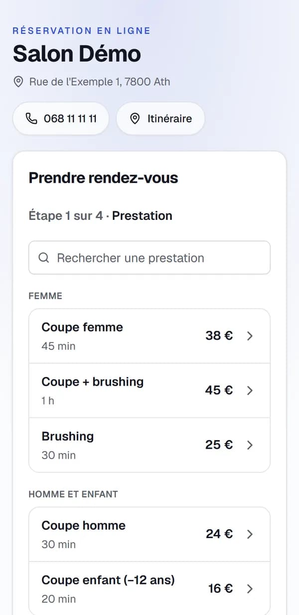 Page de prise de rendez-vous d'un salon de coiffure sur téléphone