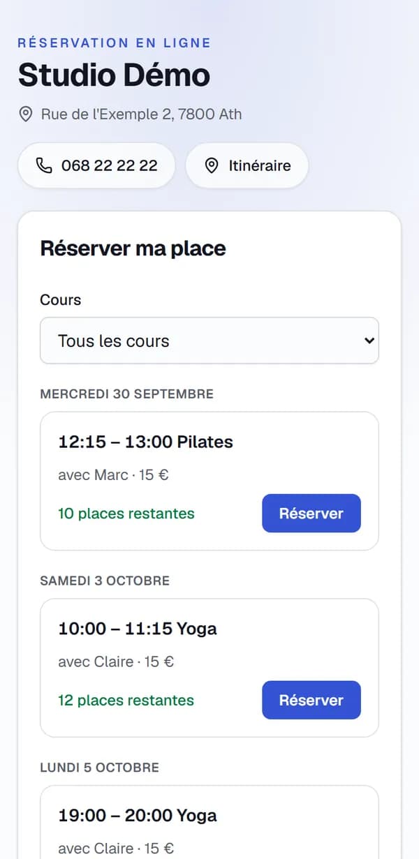 Planning de cours d'un studio sur téléphone