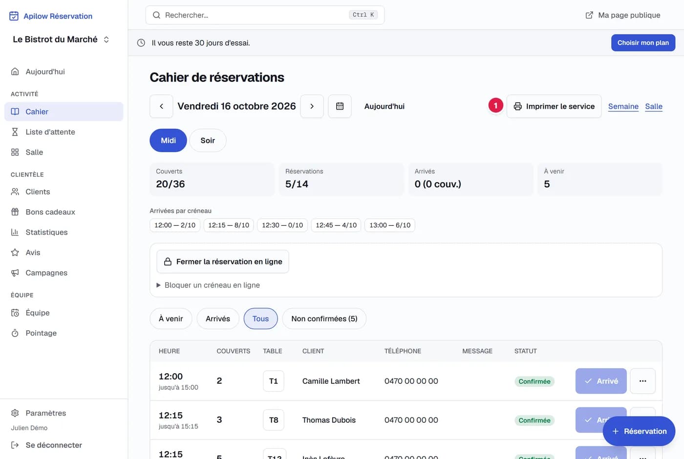 Cahier de réservations du restaurant