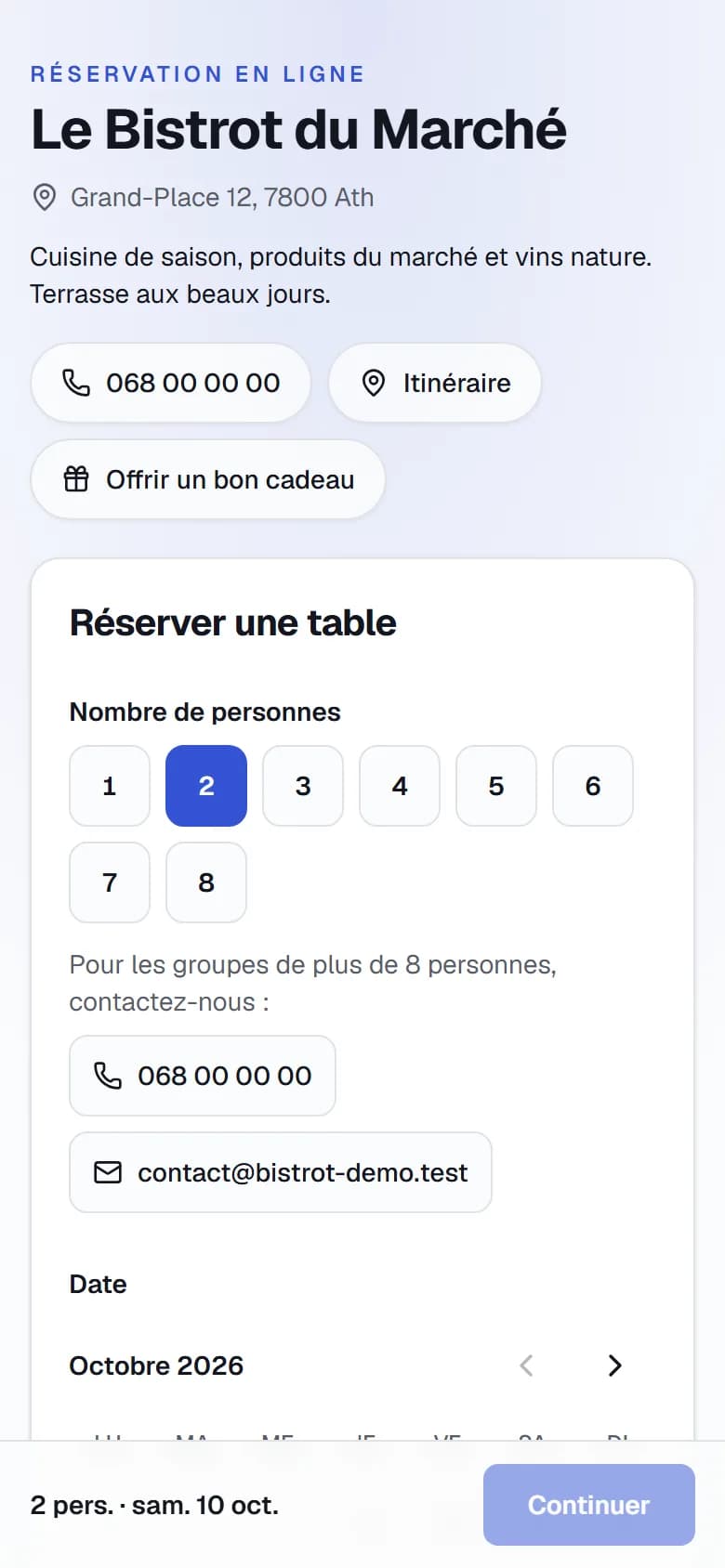 Page de réservation du restaurant sur téléphone
