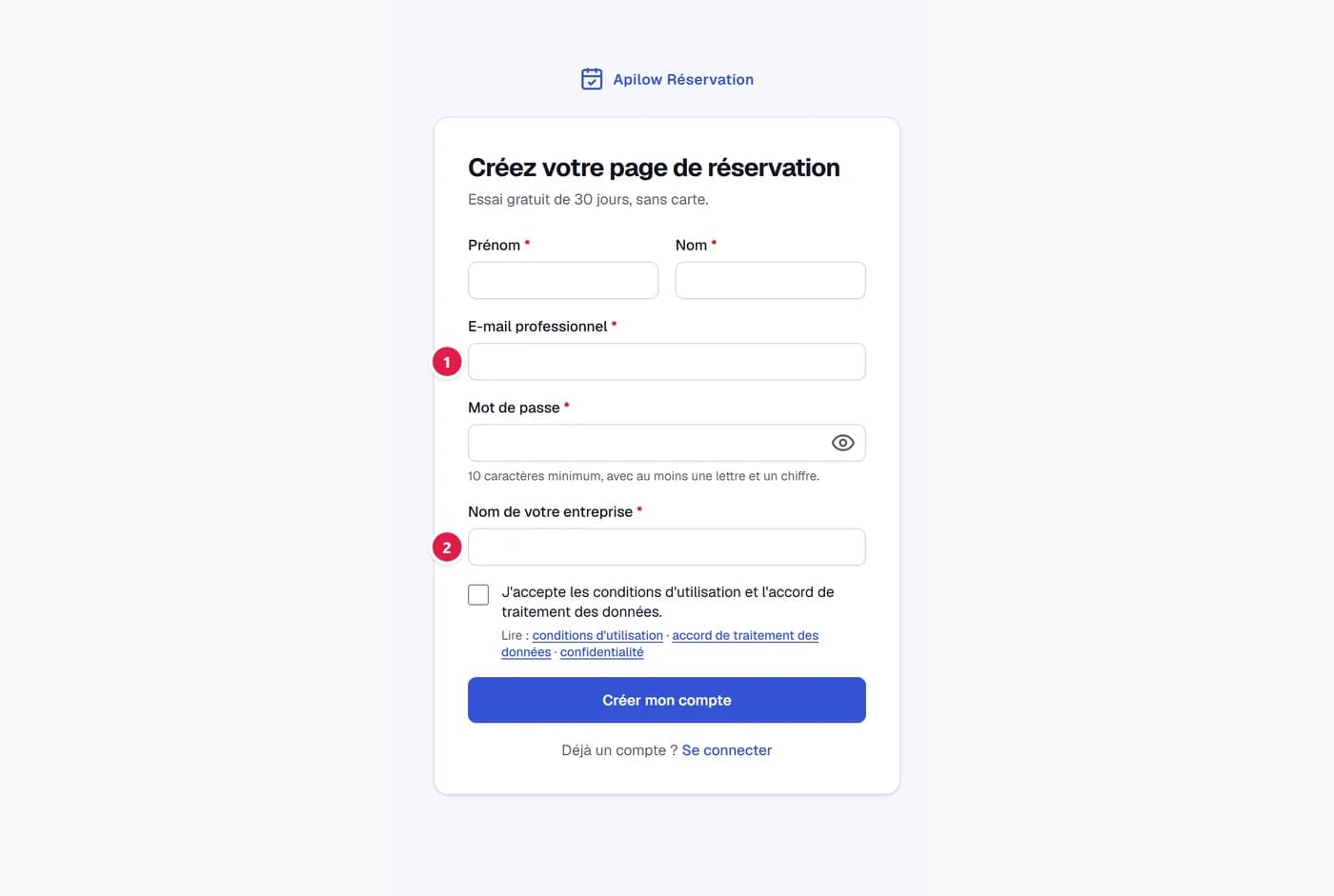 Formulaire de création de compte Apilow Réservation