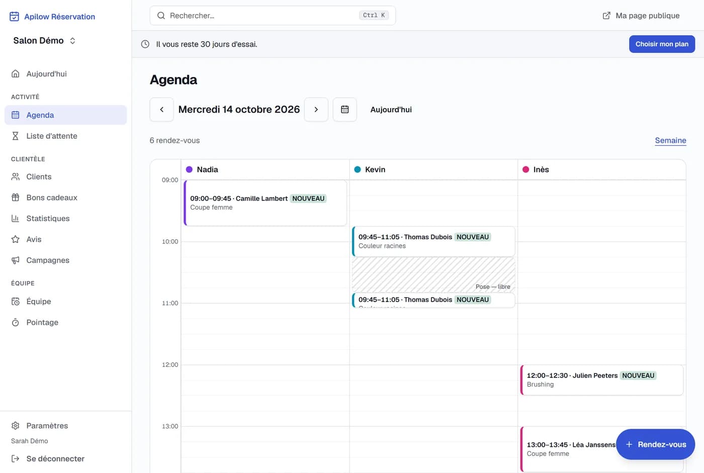 Agenda du salon, une colonne par collaborateur
