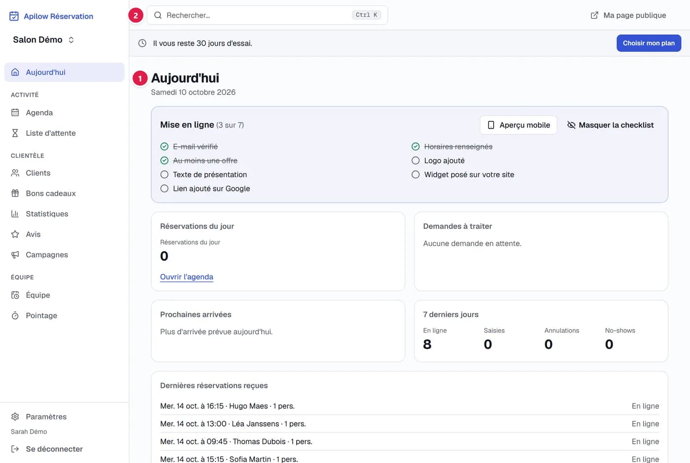 Page « Aujourd'hui » de l'espace pro avec la liste de mise en ligne