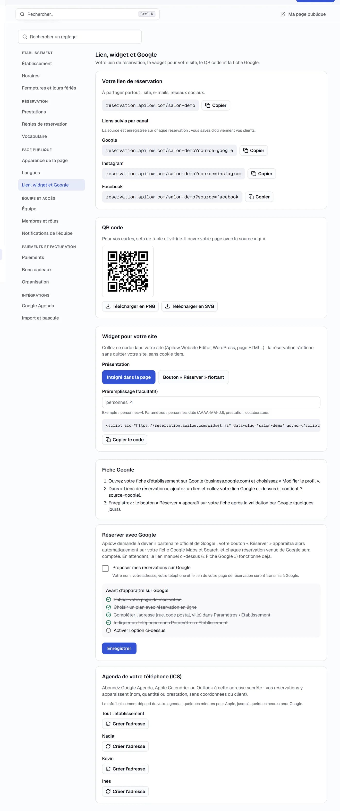 Lien de réservation, QR code, widget et fiche Google