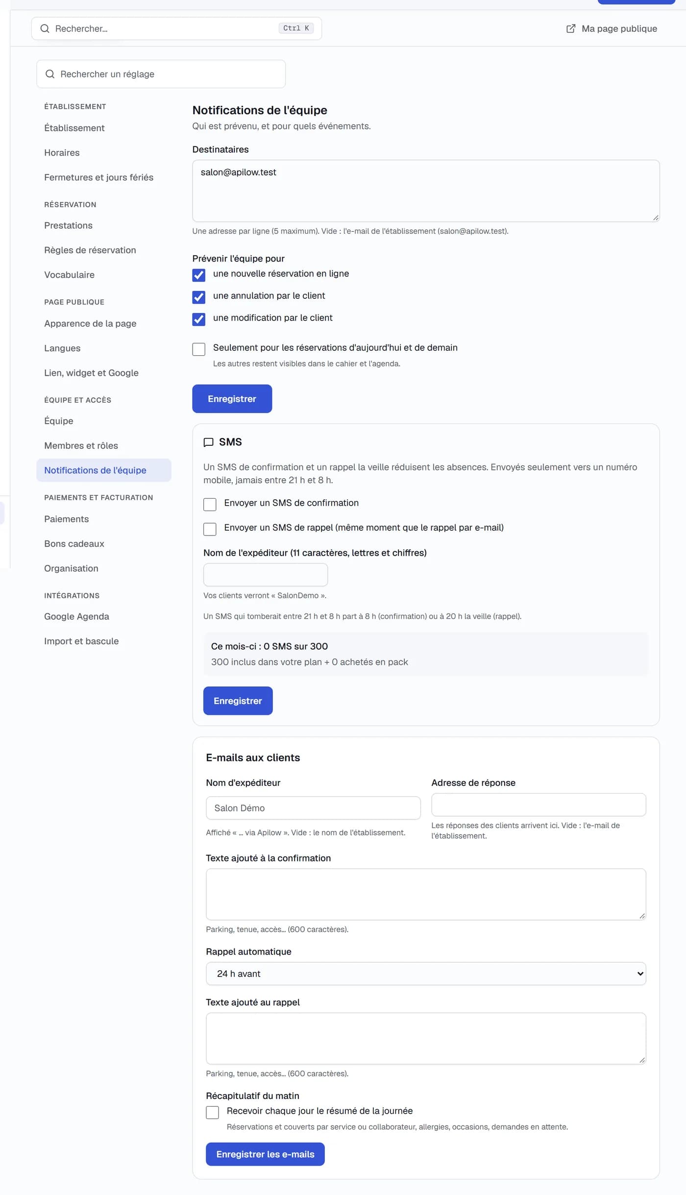 Réglages des e-mails aux clients et à l'équipe