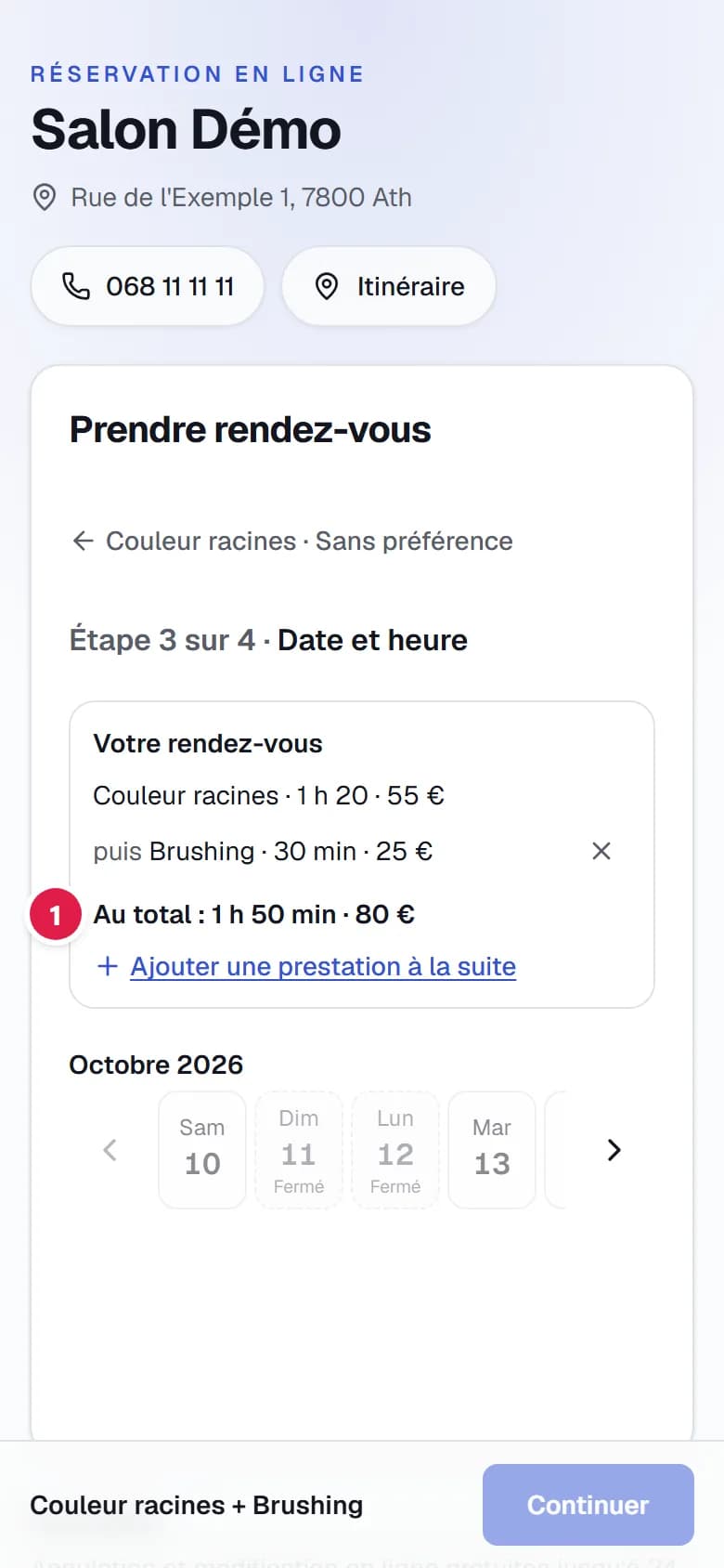 Choix de deux prestations sur la page du salon, sur téléphone