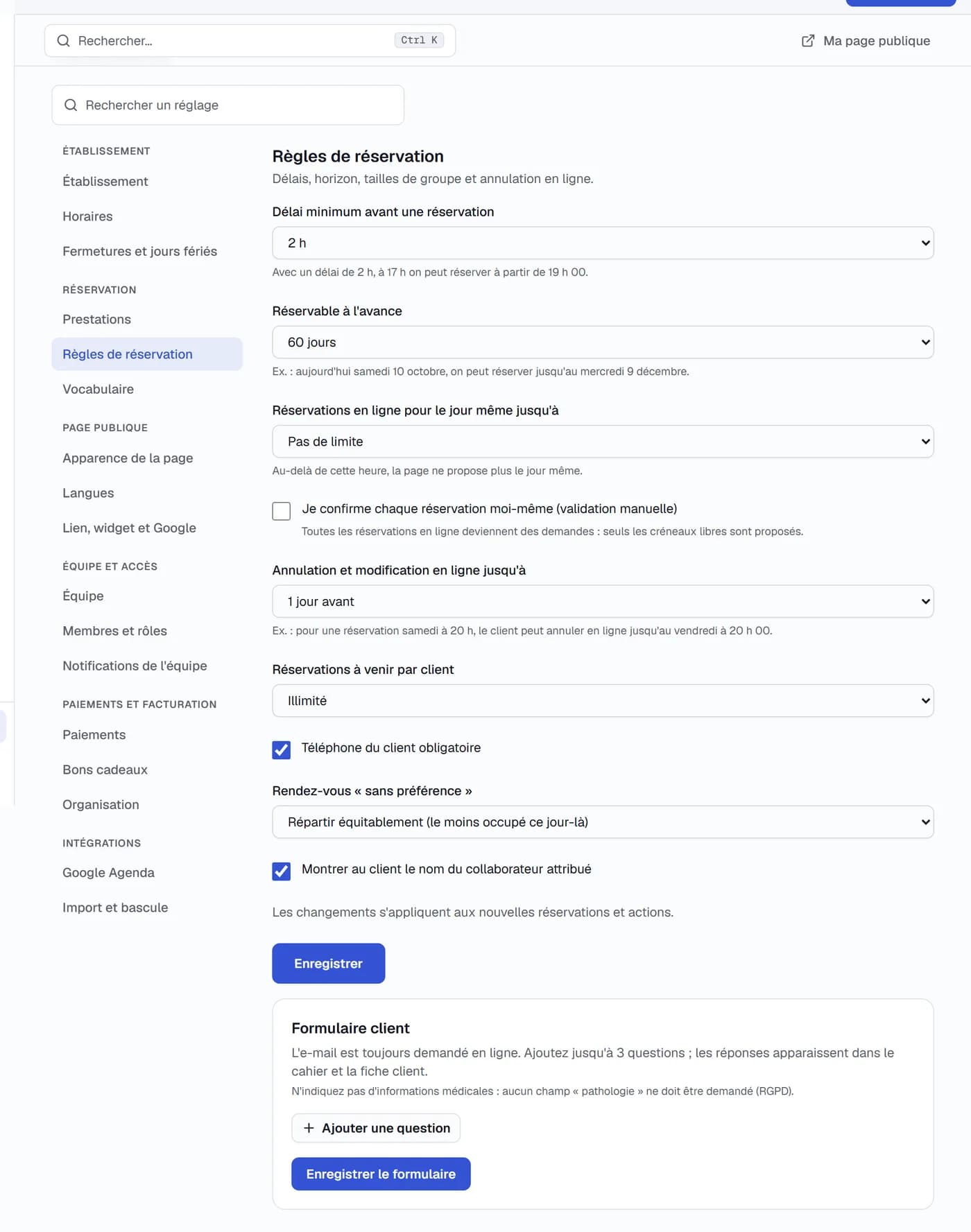 Règles de réservation en ligne