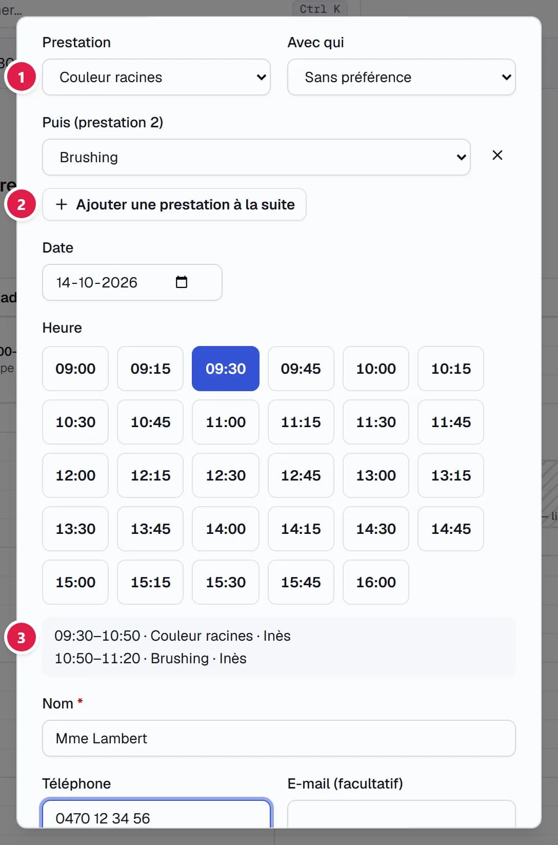 Saisie d'un rendez-vous à deux prestations