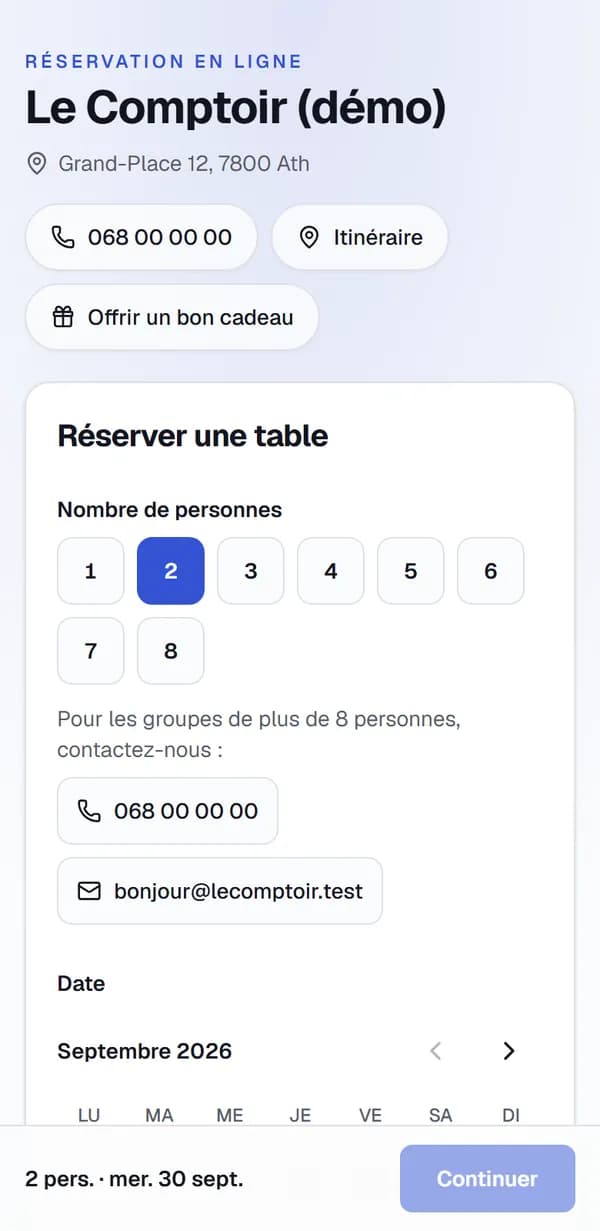 Page de réservation d'un restaurant sur téléphone